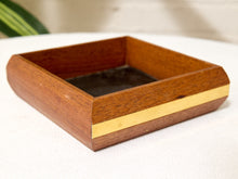 Load image into Gallery viewer, Vintage rectangular wood valet tray with dark inset base and brass band detail around the exterior
