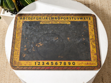 Load image into Gallery viewer, Vintage children’s chalkboard with alphabet, numbers, colorful illustrated border, and Reading ’Riting ’Rithmetic text
