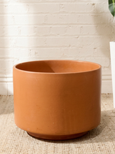 Load image into Gallery viewer, Vintage large cylindrical planter with warm terracotta-toned finish, rounded rim, deep interior, and naturally aged surface
