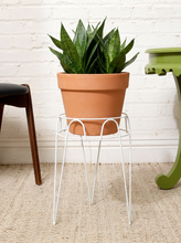 Load image into Gallery viewer, Vintage white painted metal plant stand with open circular wire frame, curved decorative supports, and four slender legs
