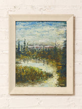 Load image into Gallery viewer, Vintage framed landscape painting with distant mountains, dense green trees, winding path or stream, and textured blue-gray sky
