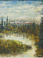 Load image into Gallery viewer, Vintage framed landscape painting with distant mountains, dense green trees, winding path or stream, and textured blue-gray sky
