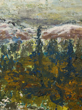 Load image into Gallery viewer, An impressionistic landscape painting featuring a dense forest of dark green and blue pine trees in the foreground, with soft brown and cream mountains under a textured, cloudy sky.
