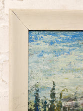 Load image into Gallery viewer, Vintage framed landscape painting with distant mountains, dense green trees, winding path or stream, and textured blue-gray sky
