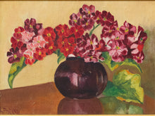 Load image into Gallery viewer, Vintage framed floral still life painting depicting red, pink, and burgundy flowers in a dark rounded vase, with green leaves and a wood frame featuring a textured border and gold trim

