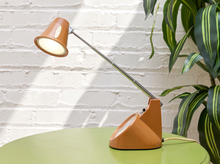 Load image into Gallery viewer, A mid-century modern adjustable desk lamp with a terracotta orange base and shade, mounted on a green table against a white brick wall with a green plant in the background.
