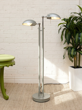 Load image into Gallery viewer, Vintage double-head floor lamp with two adjustable gray metal dome shades, tall slender posts, and round metal base
