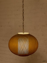 Load image into Gallery viewer, Vintage hanging pendant light with large rounded brown woven globe shade and decorative metal chain
