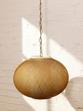 Load image into Gallery viewer, Vintage hanging pendant light with large rounded brown woven globe shade and decorative metal chain
