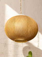 Load image into Gallery viewer, Vintage hanging pendant light with large rounded brown woven globe shade and decorative metal chain
