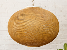 Load image into Gallery viewer, Vintage hanging pendant light with large rounded brown woven globe shade and decorative metal chain
