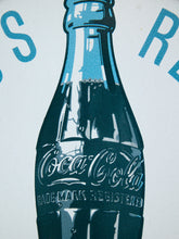 Load image into Gallery viewer, Round Coca-Cola metal advertising sign with silver background, blue Delicious Refreshing lettering, central glass Coke bottle illustration, and blue-green circular border
