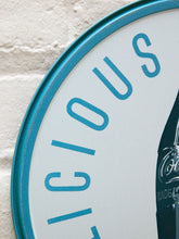 Load image into Gallery viewer, Round Coca-Cola metal advertising sign with silver background, blue Delicious Refreshing lettering, central glass Coke bottle illustration, and blue-green circular border
