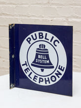 Load image into Gallery viewer, Vintage square Bell System Public Telephone metal sign with navy blue background, large white circular emblem, black bell logo, bold Public Telephone lettering, and distressed edges
