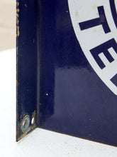 Load image into Gallery viewer, Vintage square Bell System Public Telephone metal sign with navy blue background, large white circular emblem, black bell logo, bold Public Telephone lettering, and distressed edges
