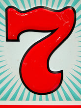 Load image into Gallery viewer, A vintage-style red number 7 sign with a black outline, set against a white background with teal-blue sunburst rays.
