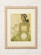 Load image into Gallery viewer, Vintage framed portrait of a Hawaiian hula dancer with floral hair adornment and tropical foliage in muted green and cream tones
