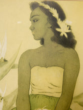 Load image into Gallery viewer, Vintage-style illustrated portrait of a woman in profile with dark hair, a white flower in her hair, and a strapless light top against a pale yellow background.
