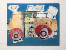 Load image into Gallery viewer, Vintage abstract painting by Richard Silva featuring layered geometric shapes, circular motifs, expressive brushstrokes, and textured forms in orange, red, yellow, cream, black, and muted blue.
