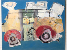 Load image into Gallery viewer, An abstract expressionist painting depicting a vintage car on a vibrant blue background, featuring textured brushstrokes in yellow, red, white, green, and gray.
