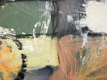 Load image into Gallery viewer, Abstract mixed-media painting with expressive brushstrokes in olive green, white, black, pale yellow, terracotta orange, and brown.
