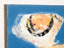 Load image into Gallery viewer, An abstract painting featuring a textured blue background with a central composition of orange, white, black, and yellow brushstrokes.
