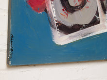 Load image into Gallery viewer, Close-up of an abstract painting on canvas, showing a large blue area with white, black, red, and gray brushstrokes, mounted on a white textured wall.
