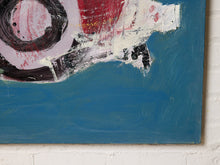 Load image into Gallery viewer, Abstract expressionist painting on canvas featuring a textured blue background with white, red, black, and light purple brushstrokes, shown hanging on a white brick wall.
