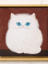 Load image into Gallery viewer, A framed painting of a fluffy white cat with bright blue eyes, set against a dark brown background, enclosed in a light wood frame.
