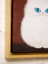 Load image into Gallery viewer, A close-up of a framed canvas painting featuring a fluffy white cat with bright blue eyes against a dark brown background, mounted on a light brick wall.
