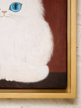 Load image into Gallery viewer, Vintage framed cat portrait featuring a fluffy white Persian cat with bright blue eyes, a small pink nose, and long soft fur against a reddish-brown background, displayed in a simple light wood-tone frame.
