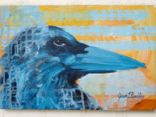 Load image into Gallery viewer, An abstract textured painting of a raven or crow's head in blue tones, set against a warm yellow, orange, and light blue background with visible brushstrokes and a signature in the lower right.
