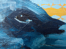 Load image into Gallery viewer, Abstract painting of a dark whale or sea creature in blue and black tones with a yellow sun and pale blue sky in the background.
