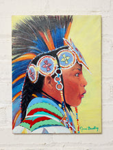 Load image into Gallery viewer, Contemporary portrait painting by Jean Bradley depicting a young Native American dancer in side profile wearing a colorful blue and orange feathered headdress, circular beaded ornaments, and turquoise, red, and green regalia against a pale yellow-green background.
