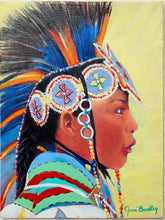 Load image into Gallery viewer, Contemporary portrait painting by Jean Bradley depicting a young Native American dancer in side profile wearing a colorful blue and orange feathered headdress, circular beaded ornaments, and turquoise, red, and green regalia against a pale yellow-green background.
