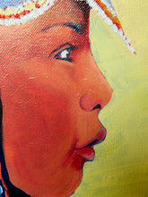 Load image into Gallery viewer, Close-up side profile painting of a person's face in warm red, orange, and brown tones against a yellow-green background, with part of a patterned white and red hat visible at the top.

