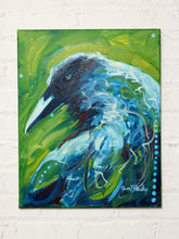 Load image into Gallery viewer, Contemporary bird painting by Jean Bradley featuring a dark blue and turquoise bird with a long pointed beak, expressive white and blue feather details, vibrant lime green brushstrokes, and decorative blue dots.
