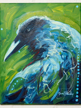 Load image into Gallery viewer, An expressive painting of a bird in profile, rendered with layered brushstrokes in green, blue, white, and black. The bird has a dark head and beak with bright blue and white feathered body details against a textured green background.
