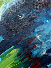 Load image into Gallery viewer, Abstract painting of an elephant head in close-up, rendered with textured brushstrokes in deep blue, black, green, white, and red.
