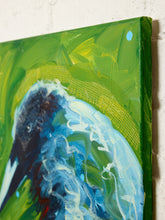 Load image into Gallery viewer, A close-up of an expressive painting on canvas showing a bird in blue, white, and black tones against a vivid green background, mounted against a white textured wall.
