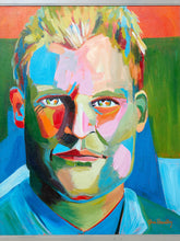 Load image into Gallery viewer, A vibrant, colorful portrait painting of a man's face, featuring bold brushstrokes in blue, green, pink, orange, and yellow. The painting is signed 'Jim Brady' in the bottom right corner.
