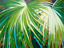 Load image into Gallery viewer, Contemporary tropical botanical painting by Jean Bradley featuring large overlapping palm leaves in emerald green, lime, and creamy white with touches of yellow, orange, and deep blue.
