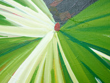 Load image into Gallery viewer, Abstract canvas painting featuring radiating green and white brushstrokes converging toward a small red center, with a dark textured background at the top.
