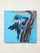 Load image into Gallery viewer, Contemporary bird painting by Jean Bradley featuring a black and gray raven with partially spread wings perched beside a brown tree trunk against a bright blue sky.
