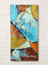 Load image into Gallery viewer, Image 1 of 8: Contemporary geometric abstract painting by Jean Bradley featuring textured turquoise blue, golden yellow, burnt orange, and earthy brown shapes with diagonal lines and layered patterns.
