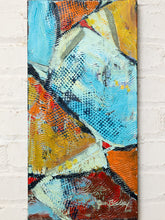 Load image into Gallery viewer, Image 2 of 8: An abstract geometric canvas painting with textured brushstrokes in blue, orange, yellow, red, white, and black, displayed on a white brick wall.
