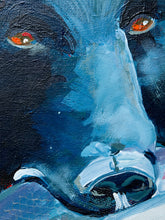 Load image into Gallery viewer, Image 3 of 8: Close-up painted portrait of a black dog with bright orange-red eyes and blue-gray shading, rendered in an expressive brushstroke style.
