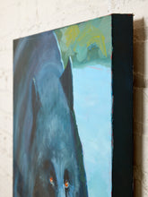 Load image into Gallery viewer, Image 6 of 8: A close-up of a canvas painting showing part of a dark blue-gray wolf or cat face with glowing orange eyes against a light blue and green background, mounted on a white textured wall.
