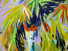 Load image into Gallery viewer, Colorful acrylic painting of a palm tree with textured brushstrokes in green, yellow, orange, and dark navy against a light lavender background.
