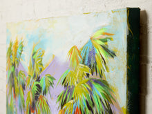 Load image into Gallery viewer, A close-up of a textured canvas painting depicting stylized tropical palm trees in vibrant shades of green, yellow, blue, and purple, mounted on a white brick wall.
